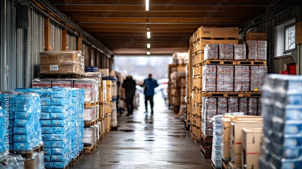 Warehouse interior aisle with workers, stacked boxes, and daylight Warehouse interior aisle with workers, stacked boxes, and daylight