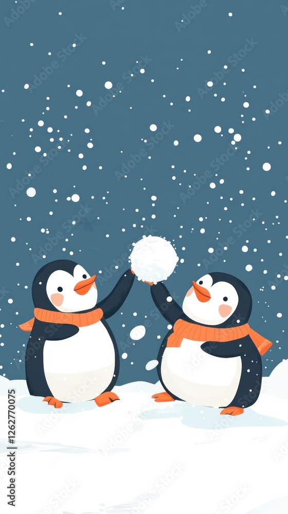 Fototapeta premium Two penguins playing with a snowball in the snow.