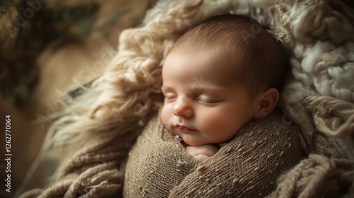 sleeping newborn baby wrapped in knitted fabric photo