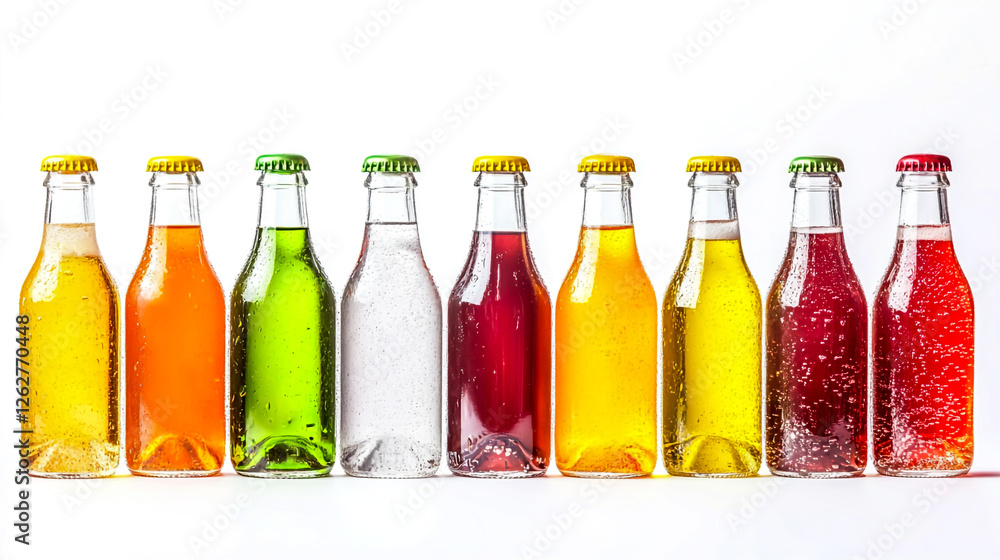 close up Mini Glass Bottles Filled with Refreshing Soft Drinks isolated on a white background. close up Mini Glass Bottles Filled with Refreshing Soft Drinks isolated on a white background.