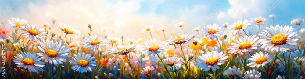 Daisy Field in Spring Sunshine with Colorful Blossoms Under Bright Blue Sky Daisy Field in Spring Sunshine with Colorful Blossoms Under Bright Blue Sky