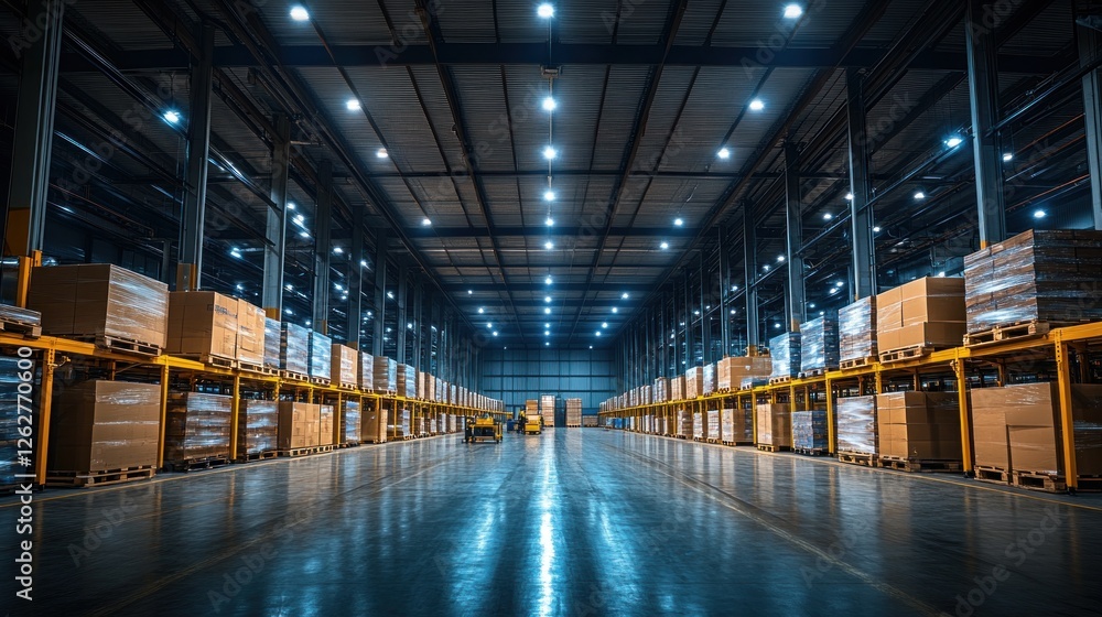 Fototapeta premium Warehouse interior, stacked boxes, forklift, well-lit, industrial use