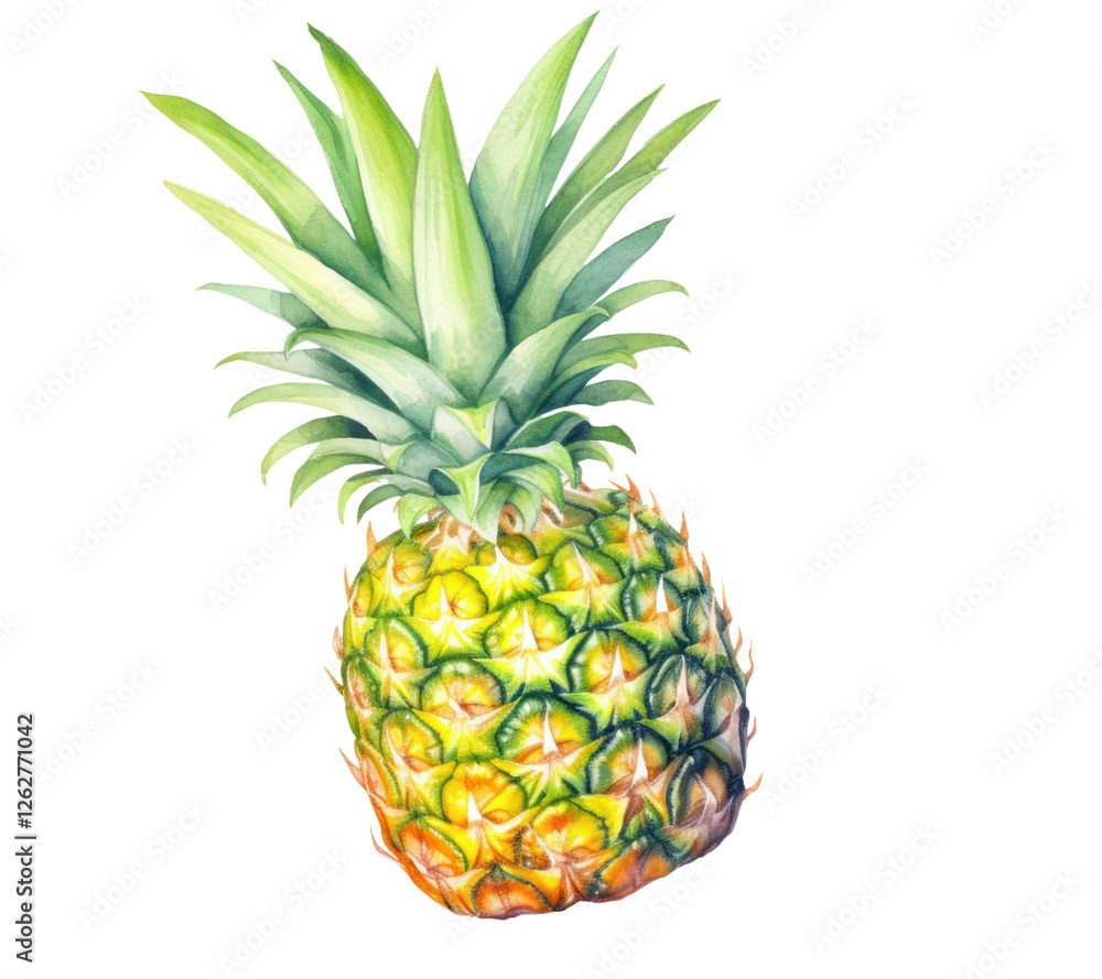 Fototapeta premium Watercolor pineapple on a transparent background, bright yellow and green shades add freshness and mood.