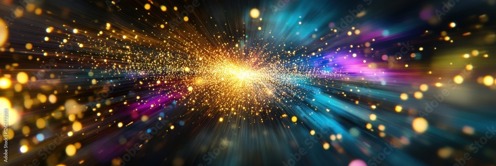 Fototapeta premium Vivid burst of light trails with golden and multicolored particles in motion
