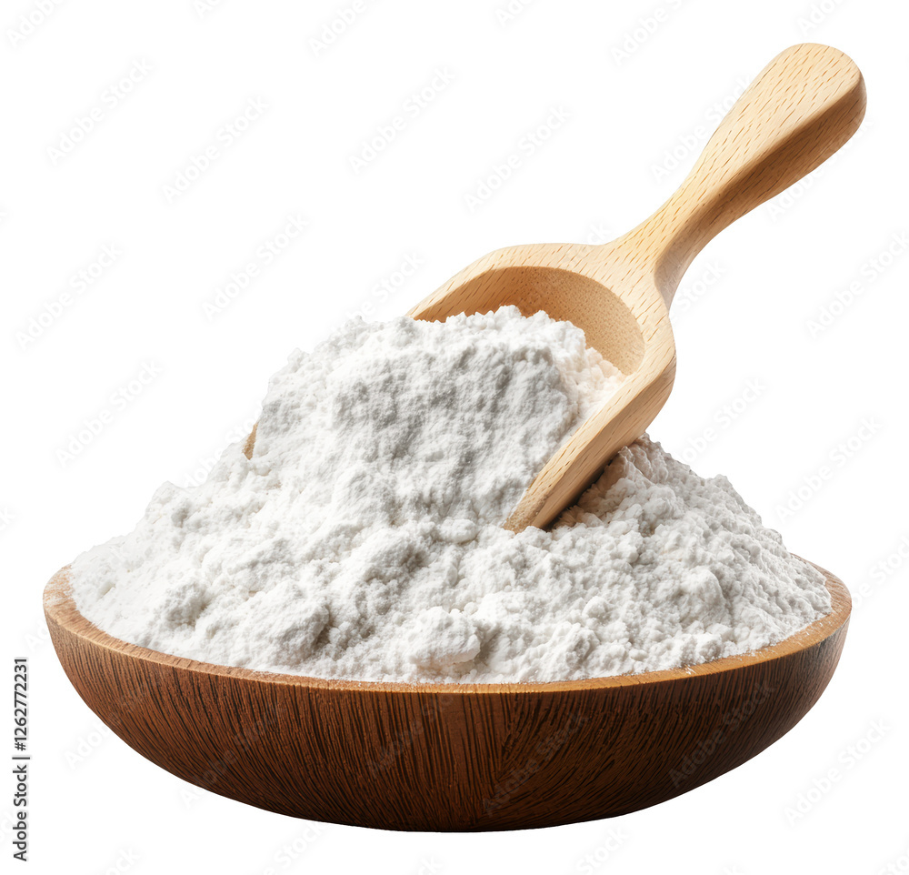 Wooden Bowl Filled with White Flour and Scoop Against Transparent Background Wooden Bowl Filled with White Flour and Scoop Against Transparent Background