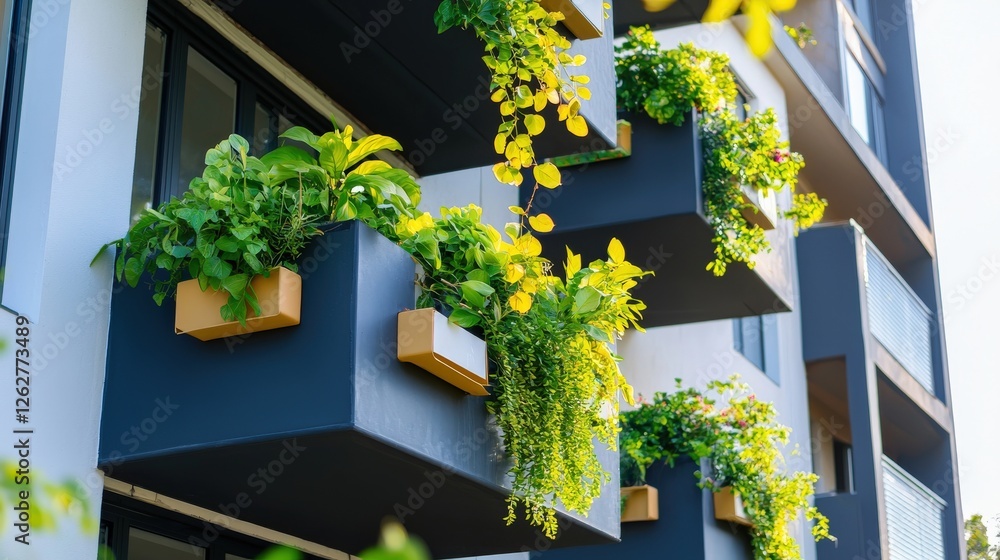 A modern apartment balcony adorned with air-purifying plants. A modern apartment balcony adorned with air-purifying plants.