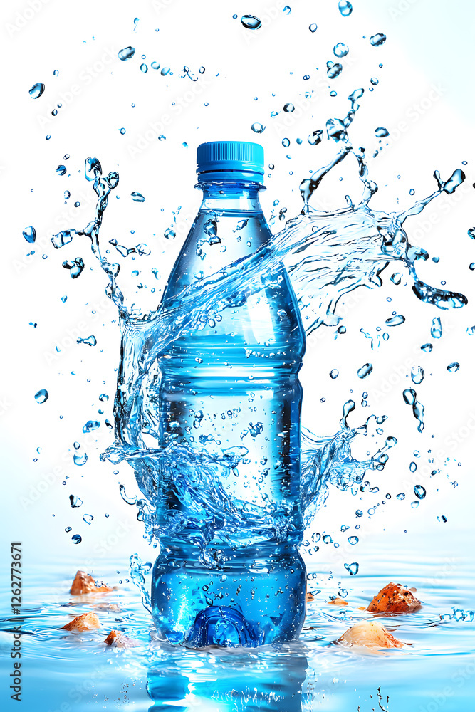A plastic bottle in the middle and flying splashes and drops of water around A plastic bottle in the middle and flying splashes and drops of water around