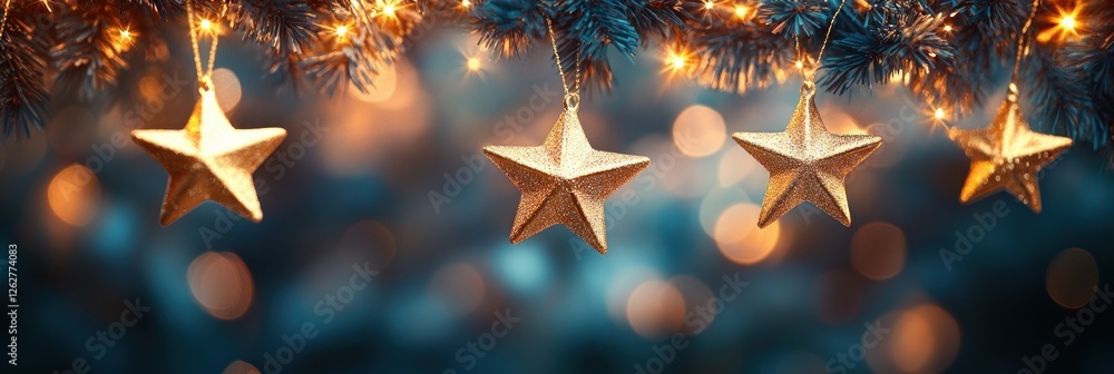 Dreamy Bokeh Effect with Hanging Golden Stars and Warm Inviting Atmosphere Dreamy Bokeh Effect with Hanging Golden Stars and Warm Inviting Atmosphere