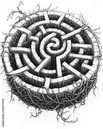 Tattoo Art concept. Isolated on white background, a complex tattoo illustration of a labyrinth formed by twisting vines and thorns creating a captivating spiral pattern, photo