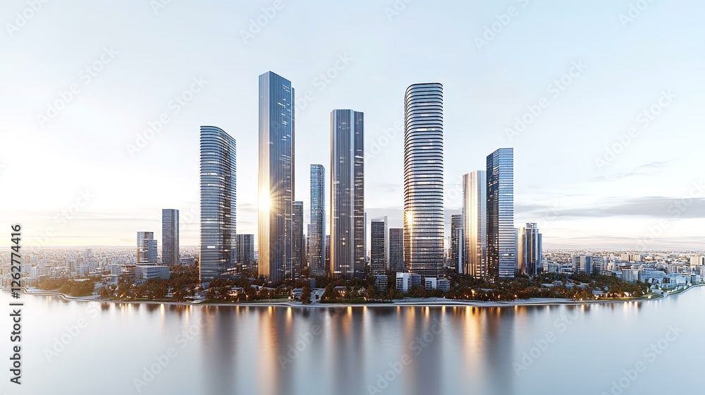 Fototapeta premium Modern City, financial Downtown, business centre with skyscrapers and office buildings at sunset and reflection in water