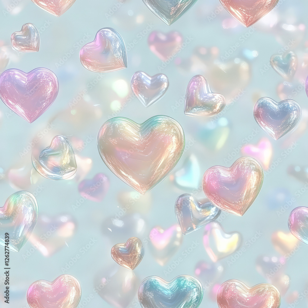 Obraz premium A mix of metallic and pastel hearts arranged in a floating bubble-like pattern, creating a magical and shiny effect. Perfect for girls' fashion