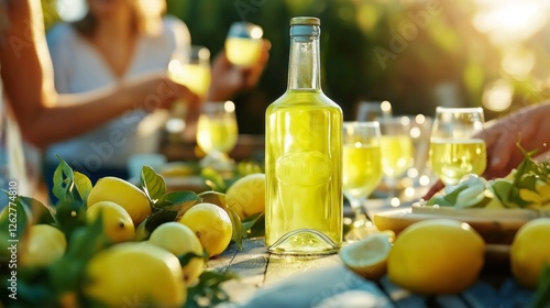 Bottle of limoncello and glasses on table with lemon, people enjoying drink and talking in background. Concept Picnic, traditional Italian lemon liqueur, social media, advertising photo, party