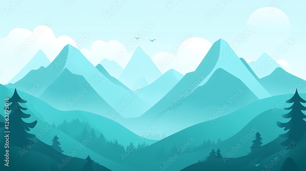 Serene Teal Mountain Landscape With Birds Flying High