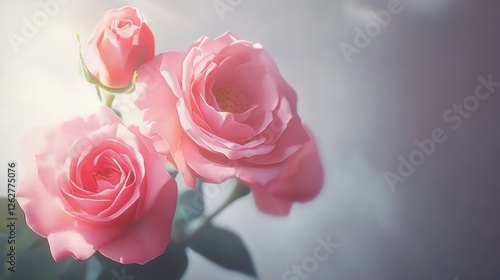 Delicate pink roses softly illuminated, showcasing nature's elegance in a serene atmosphere. Generative AI