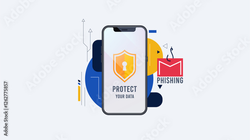 Concept design of protection and defense from cybercrime, Phishing. featuring elements of smart phone, fake message and security shield. Protect your data from phishing. Beware of Phishing