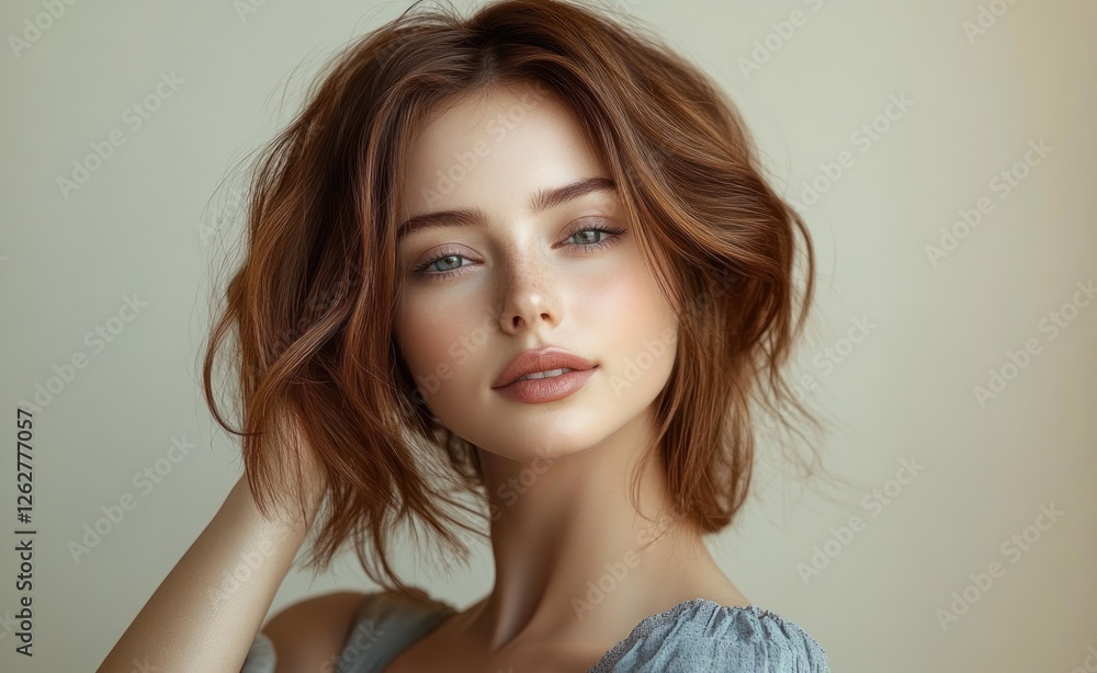 Portrait of a Woman with Soft Wavy Hair in Minimalistic Style with Natural Light and Gentle Shadows Portrait of a Woman with Soft Wavy Hair in Minimalistic Style with Natural Light and Gentle Shadows