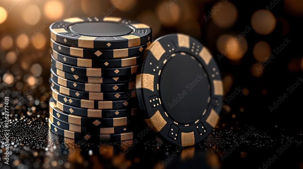 Hyper-Realistic Black and Gold Poker Chips in Dramatic Lighting on Dark Background Hyper-Realistic Black and Gold Poker Chips in Dramatic Lighting on Dark Background