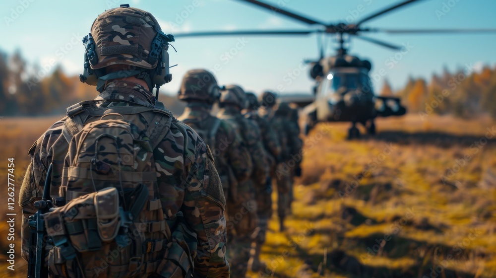 Obraz premium Soldiers line up in formation near a military helicopter during a training exercise in a woodland area, showcasing teamwork and readiness in the autumn landscape.
