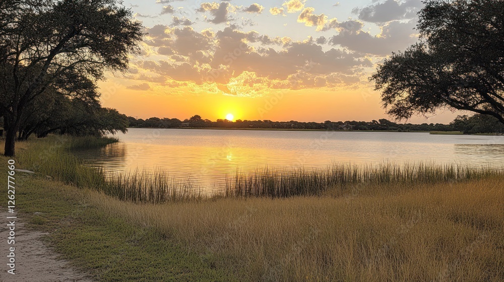 Serene sunset over lake, golden hour, tranquil landscape Serene sunset over lake, golden hour, tranquil landscape
