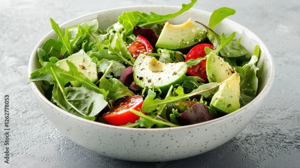 Fresh Green Salad with Cherry Tomatoes and Avocado in Bowl Fresh Green Salad with Cherry Tomatoes and Avocado in Bowl