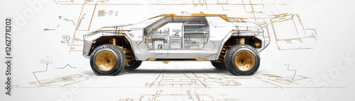 Futuristic vehicle design with detailed interior layout and technical sketches photo