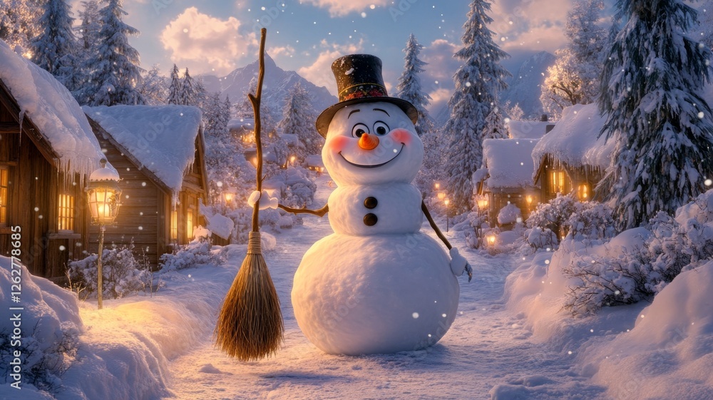 Fototapeta premium Smiling Snowman in a Snowy Village at Dusk