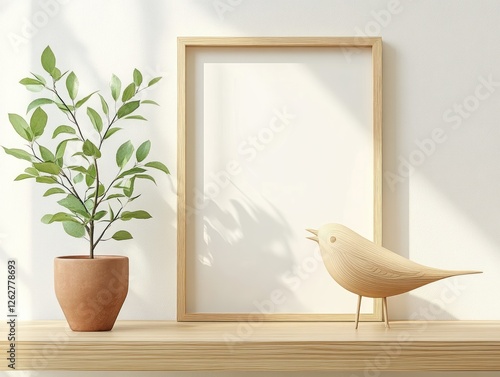 Wooden Frame Mockup in Scandinavian Interior with Green Plant and Bird Sculpture on Neutral Wall photo