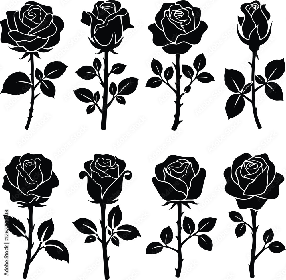 Obraz premium Set of black rose silhouettes on white background. Vector illustration.