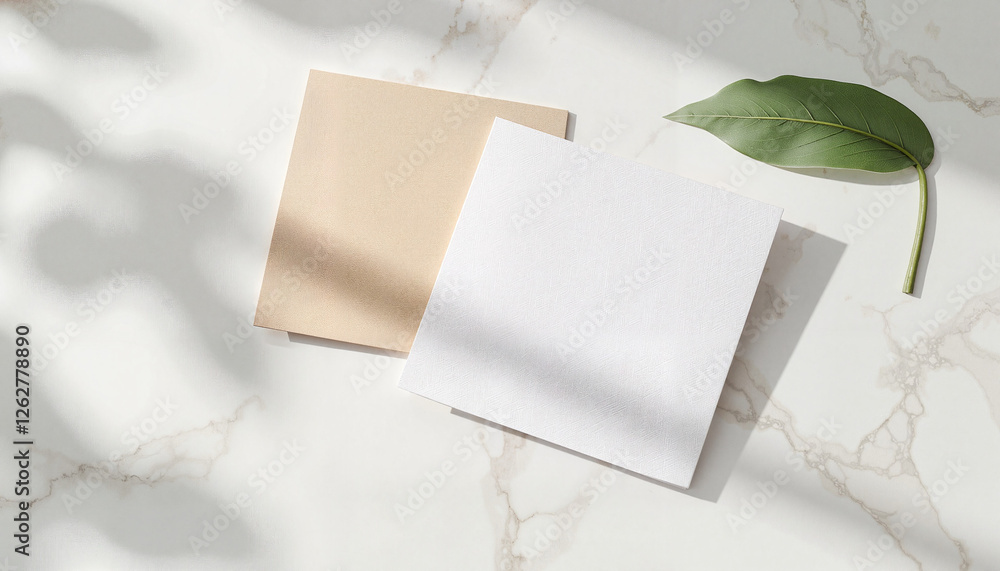Fototapeta premium Blank beige and white paper sheets on marble background
