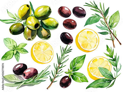 Fresh olives and herbs with lemon slices on a white background creating a vibrant culinary arrangement