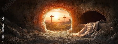 Tomb Interior at Sunrise with Three Crosses and Grave Clothes Symbolizing Resurrection of Jesus Christ