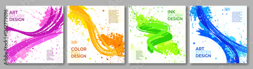 Set of abstract posters. A bright splash of paint or ink on a white background. Grunge brush wave. Halftone. Vector image. Cover, invitation, postcard, poster design.