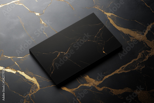 Elegant black business card mockup on luxurious black marble with striking gold veins photo