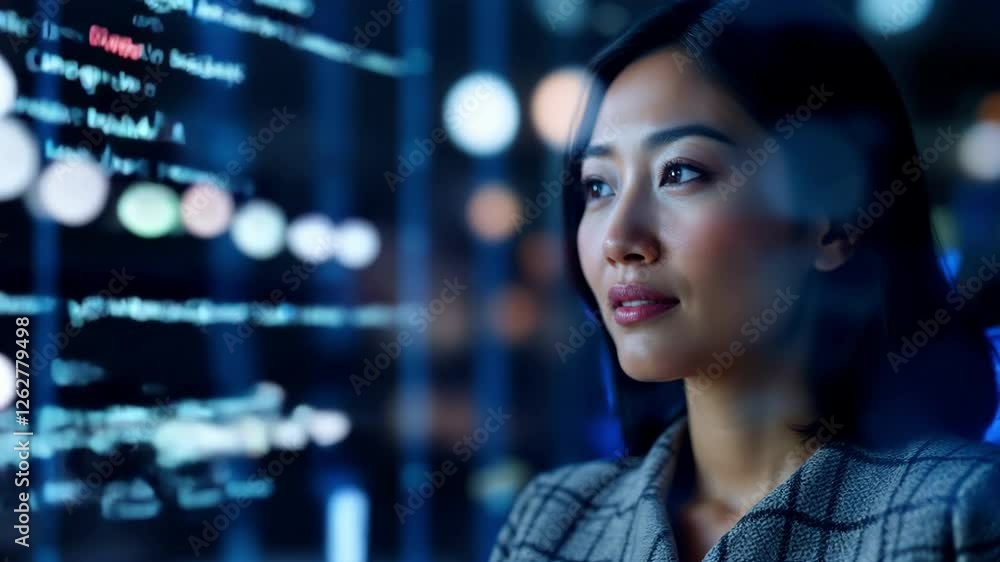 Woman Reflecting on Digital Data and Technology Through Screen in Modern Analysis Woman Reflecting on Digital Data and Technology Through Screen in Modern Analysis