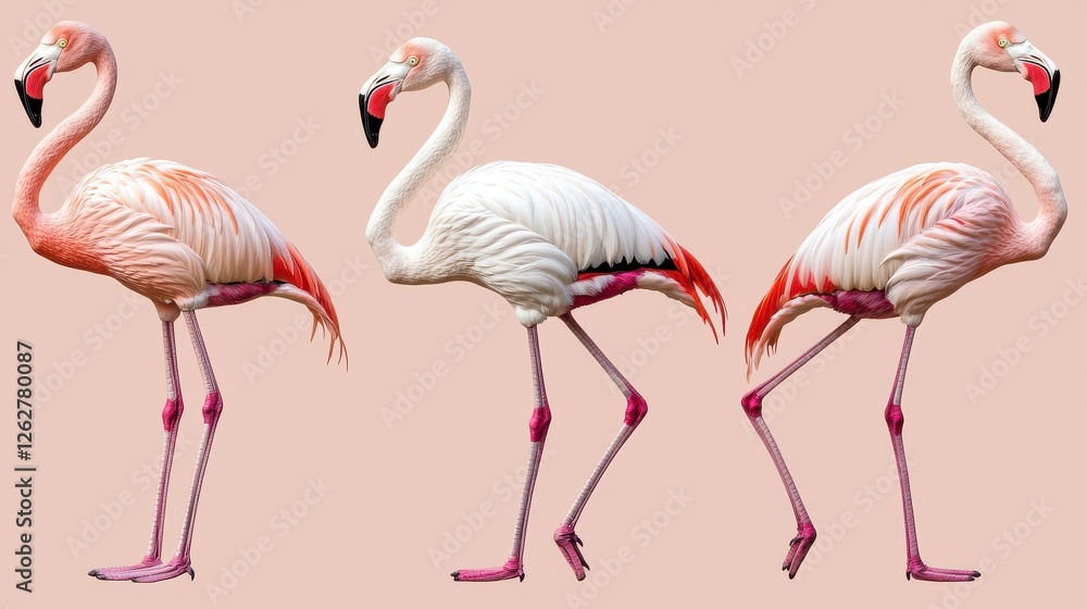 Fototapeta premium Elegant Collection of Three Flamingos Standing Gracefully on a Soft Pink Background