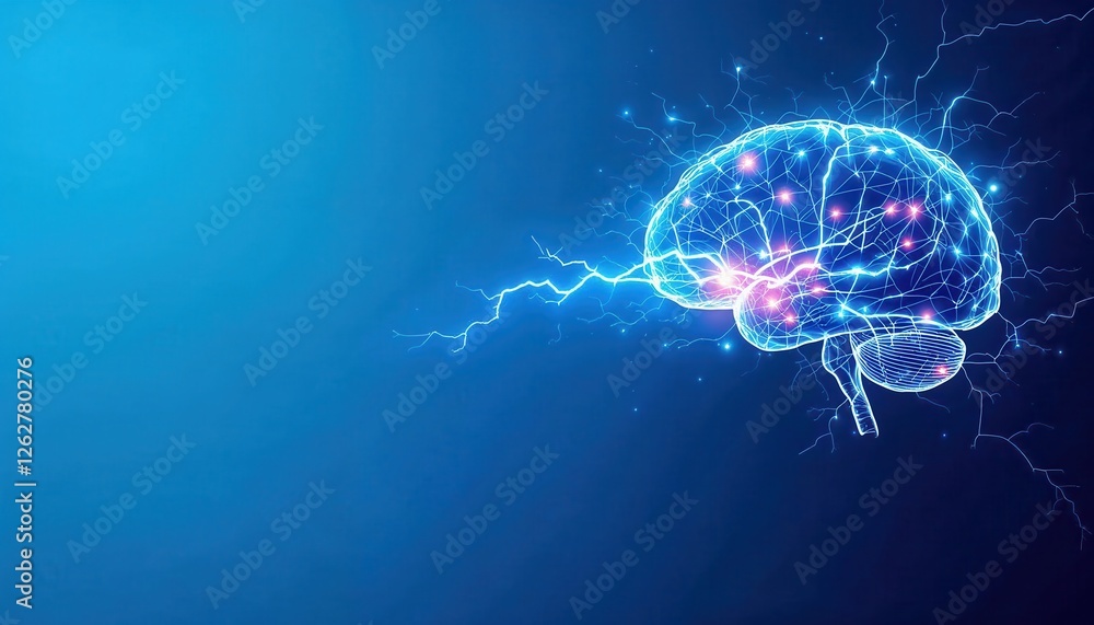 Dynamic digital illustration of a glowing brain with neural connections, depicting technological and scientific themes, emphasizing neural networks, innovation, and data processing. copy space. Dynamic digital illustration of a glowing brain with neural connections, depicting technological and scientific themes, emphasizing neural networks, innovation, and data processing. copy space.