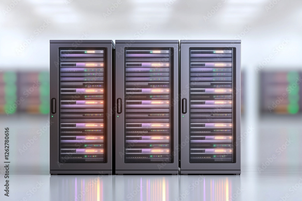 modern data center with three server racks showcasing advanced technology and vibrant illumination, highlighting functionality and efficiency of servers modern data center with three server racks showcasing advanced technology and vibrant illumination, highlighting functionality and efficiency of servers