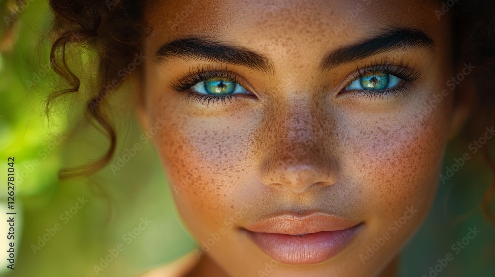 Portrait of a stunning woman with vibrant freckles and eyes Portrait of a stunning woman with vibrant freckles and eyes