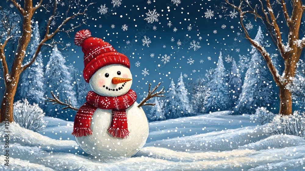 Fototapeta premium Joyful Snowman in Snowy Winter Forest