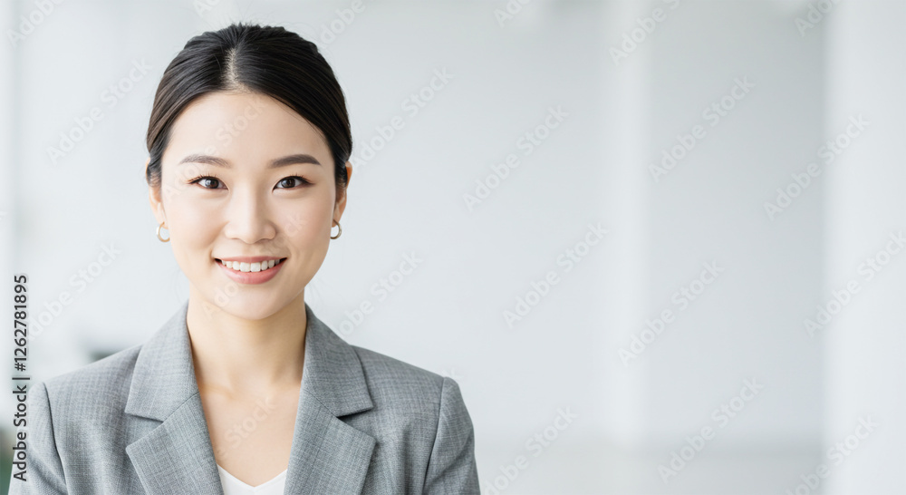 A modern, high-quality portrait of a young Asian woman with a warm smile, wearing professional business A modern, high-quality portrait of a young Asian woman with a warm smile, wearing professional business