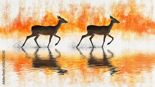 Two deer running, sunset reflection, wildlife art photo