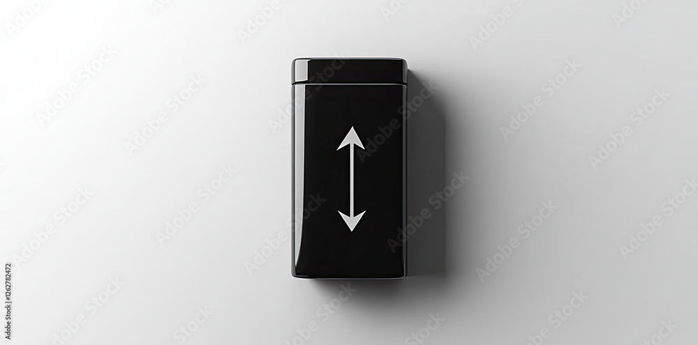 Black rectangular object with up and down arrows minimalist product presentation Black rectangular object with up and down arrows minimalist product presentation