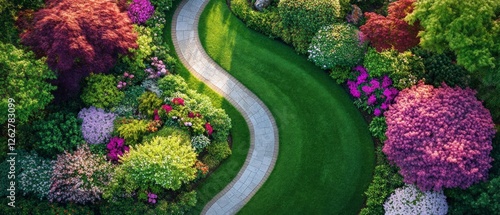 Fototapeta Naklejka Na Ścianę i Meble -  A winding stone path guides visitors through a beautifully landscaped garden bursting with vibrant flowers and rich foliage during the spring