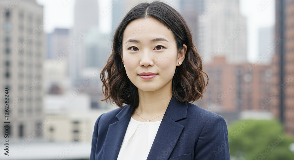 A versatile headshot of a young Asian woman with medium-length wavy hair, wearing a navy blue blazer and white blouse A versatile headshot of a young Asian woman with medium-length wavy hair, wearing a navy blue blazer and white blouse