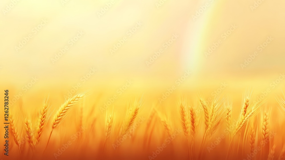 Golden ears of wheat shining in cultivated agricultural field with rainbow in the sky during a vibrant sunset, creating a picturesque rural landscape
