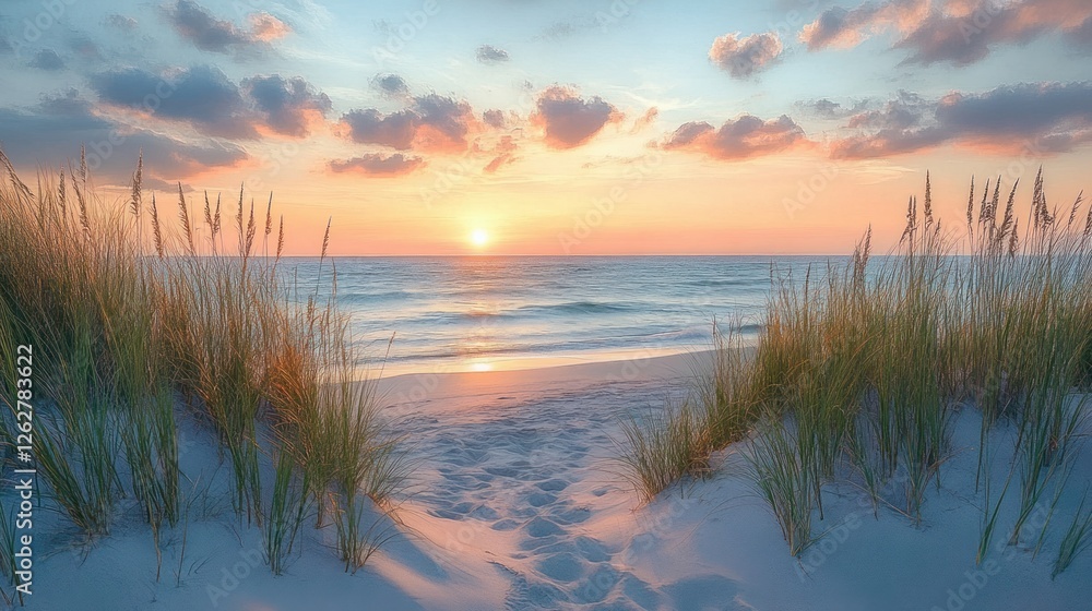 Sunset over Tranquil Beach with Dramatic Clouds and Tall Grasses Sunset over Tranquil Beach with Dramatic Clouds and Tall Grasses