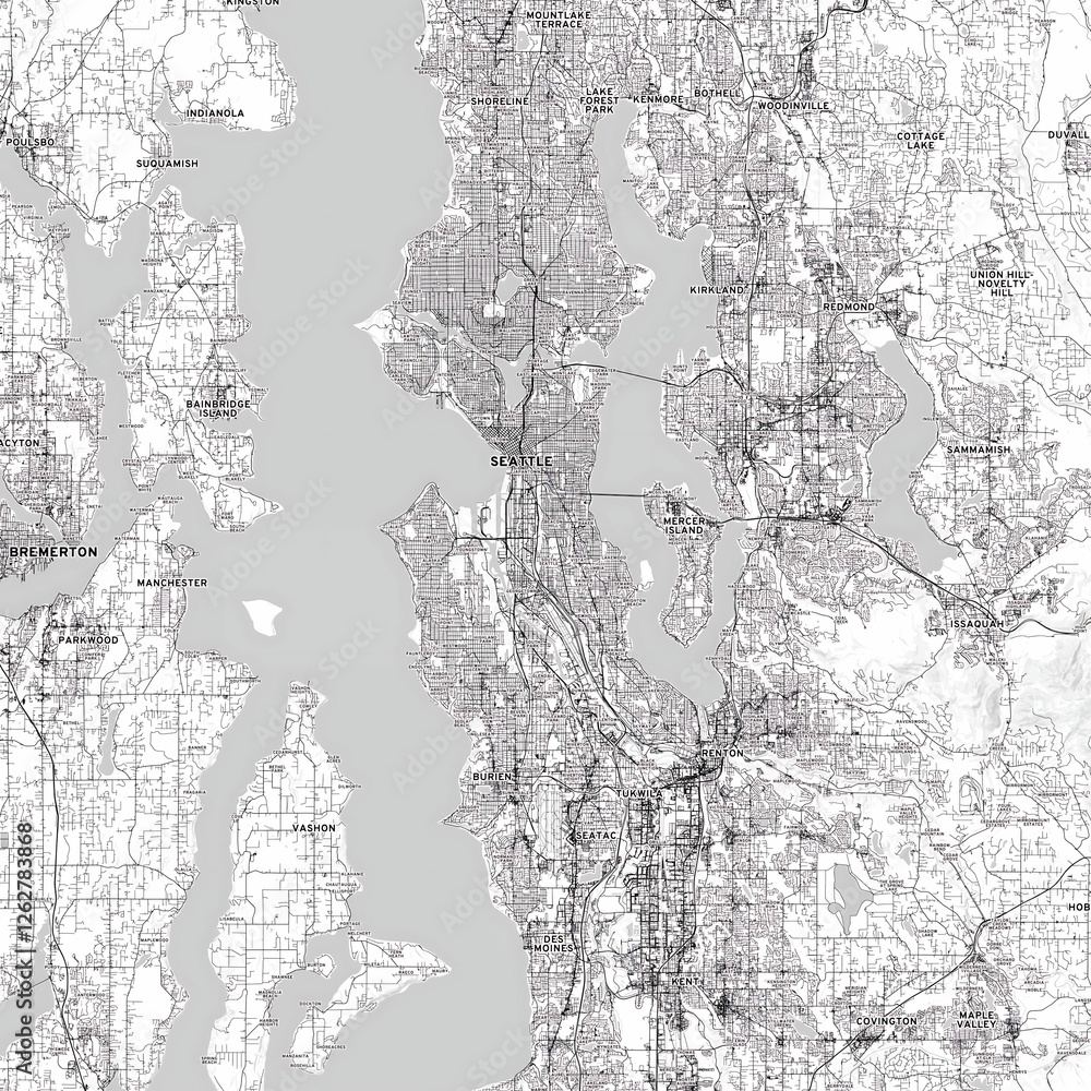 Fototapeta premium Seattle minimalist cartography print with neighborhood labels