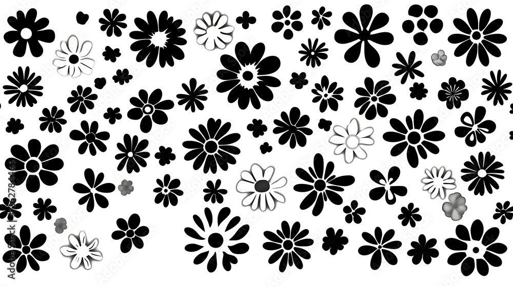 Whimsical Array of Black and White Floral Icons Scattered on a Clean White Surface Design Element