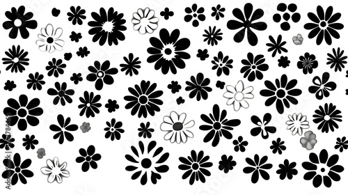 Obraz na płótnie Whimsical Array of Black and White Floral Icons Scattered on a Clean White Surface Design Element w salonie