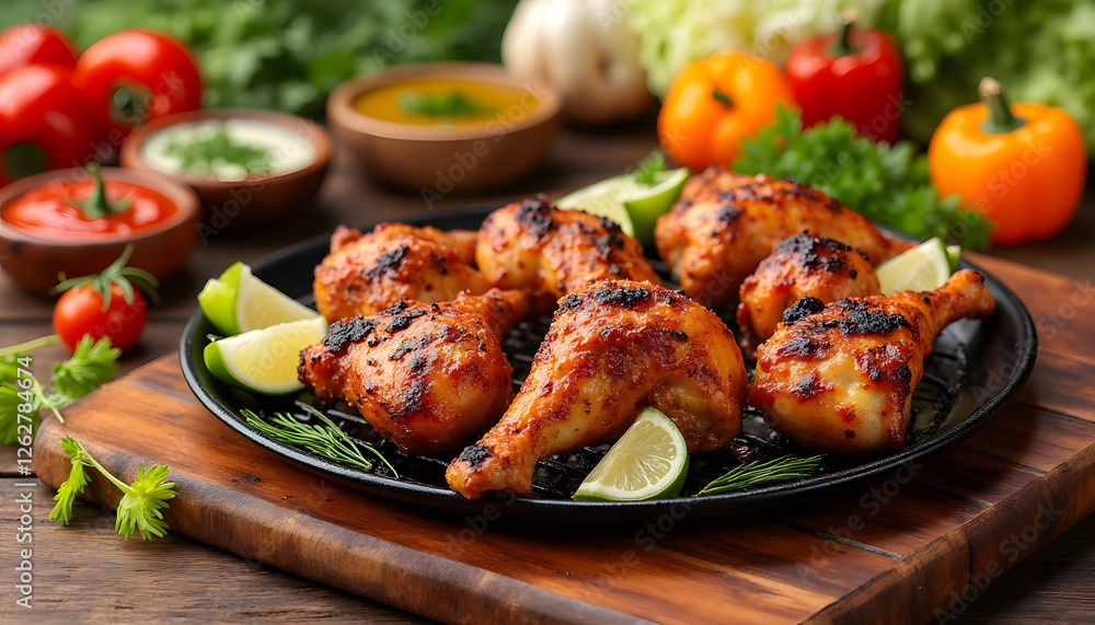 “Barbecued Chicken with a variety of picnic sauces and garnishes” - a scene of grilled chicken displayed on a picnic table with a variety of sauces and fresh vegetables. “Barbecued Chicken with a variety of picnic sauces and garnishes” - a scene of grilled chicken displayed on a picnic table with a variety of sauces and fresh vegetables.